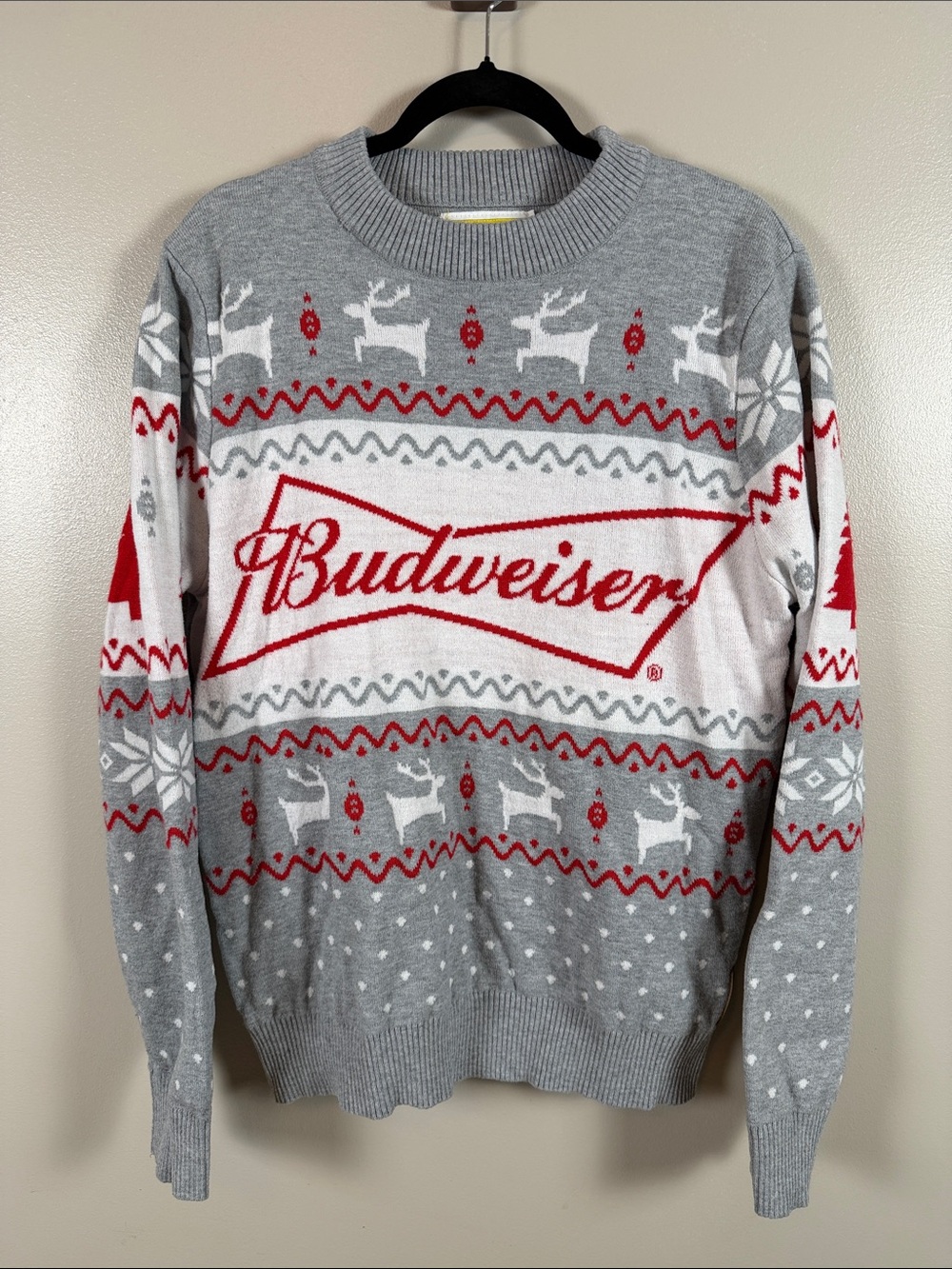 Budweiser Tipsy Elves Men’s Large Gray and Red Fair Isle Crewneck Sweater